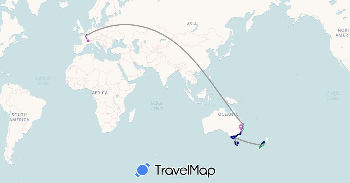 TravelMap itinerary: driving, bus, plane, train, boat in Australia, France, Hong Kong, New Zealand (Asia, Europe, Oceania)